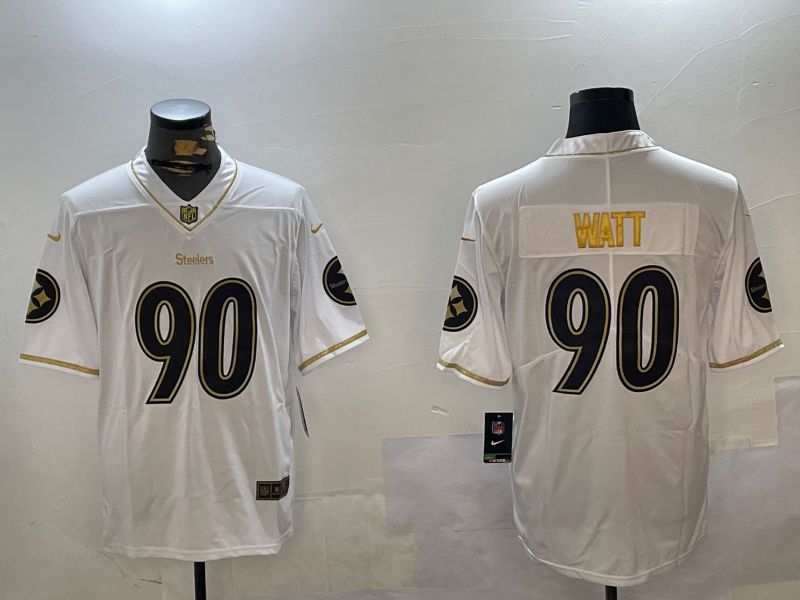 Men Pittsburgh Steelers #90 Watt White Gold 2024 Nike Limited NFL Jersey style 12303